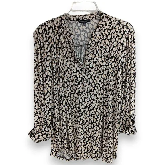 AVA & GRACE-Women's Pleated 3/4 Sleeve-SMALL-Floral-Black with White-Tan Flowers - Picture 4 of 12